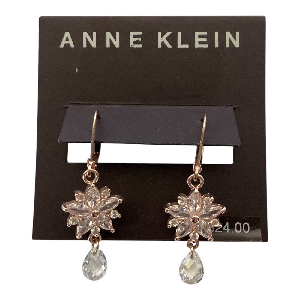 Anne Klein Rose Gold Tone Floral Design Crystal And Teardrop Earrings